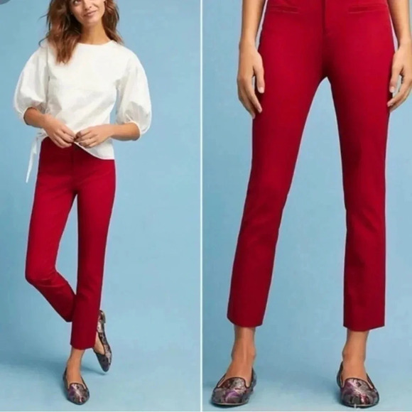 Anthropologie The Essential Slim Deep Red with Tuxedo Stripe Cropped Chino Pant - Picture 1 of 8